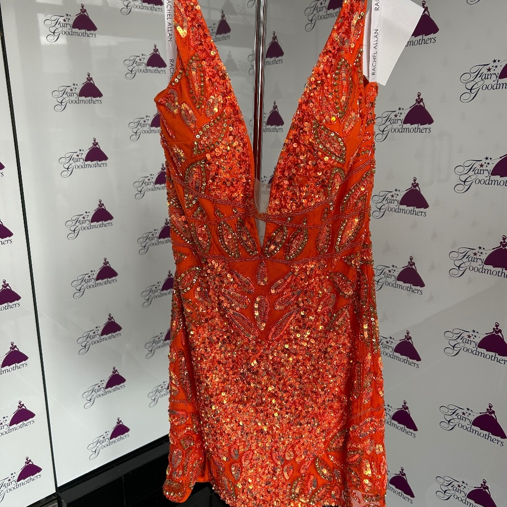 Rachel Allan Orange Sequin V-Neck Cocktail Dress